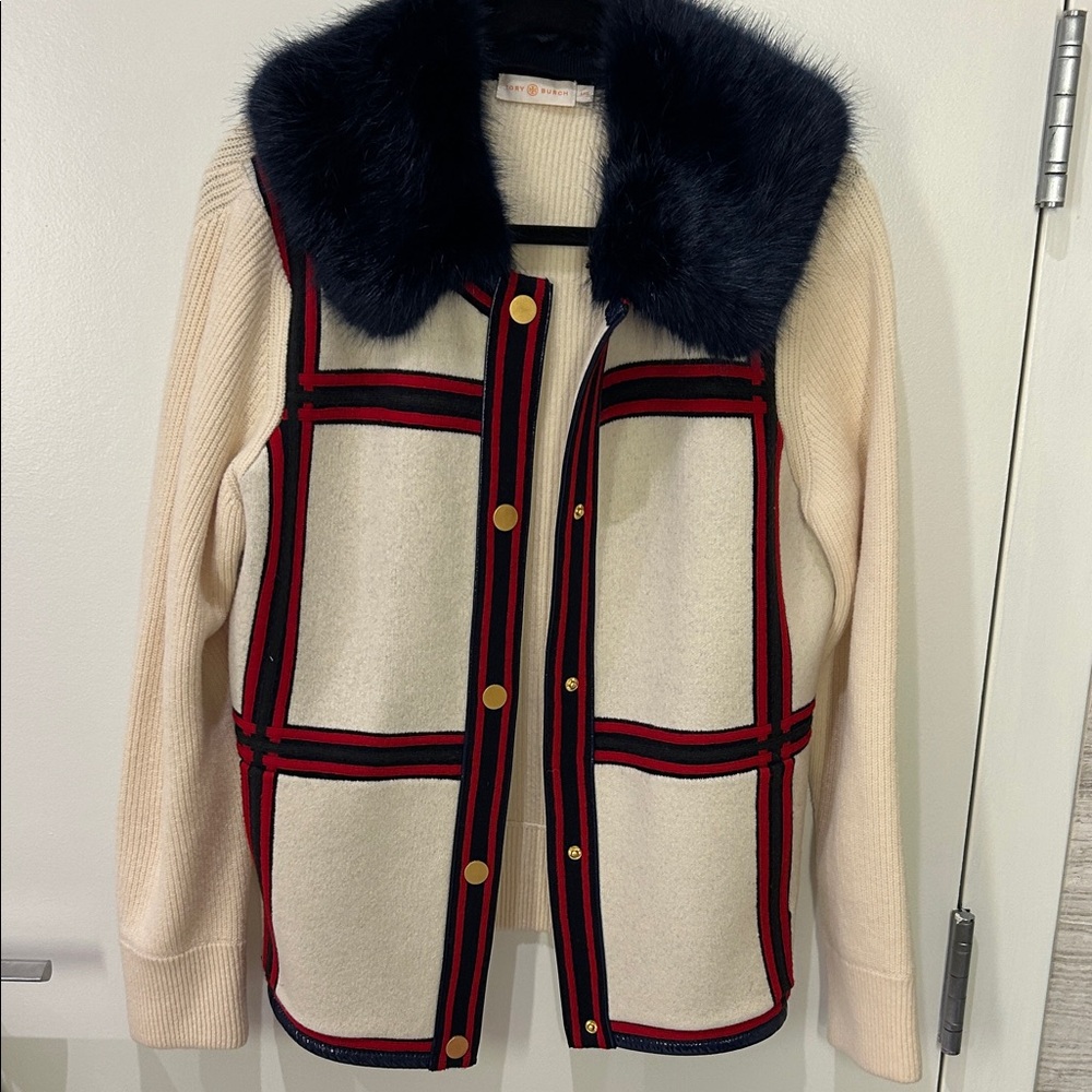 Tory Burch Cream and Red Vest with Faux Fur Collar